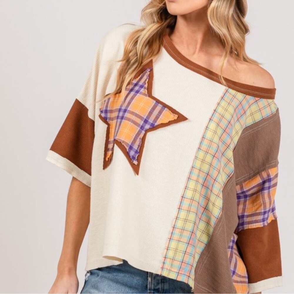 192. NWT Sage+Fig SHORT SLEEVE MULTI CONTRAST STAR PATCHWORK OVERSIZED SHIRT - Picture 7 of 8